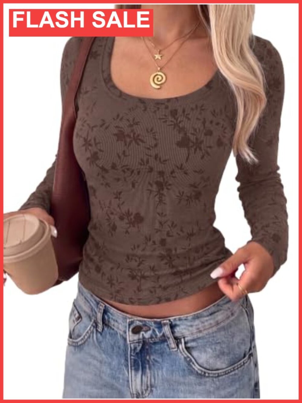 Women's Slim Fit Scoop Neck Floral Ribbed Long Sleeve Top